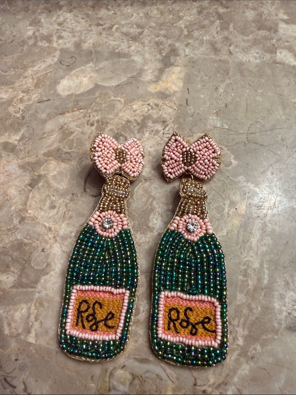 Rosé champagne bottle beaded earrings pierced with glass seed beads